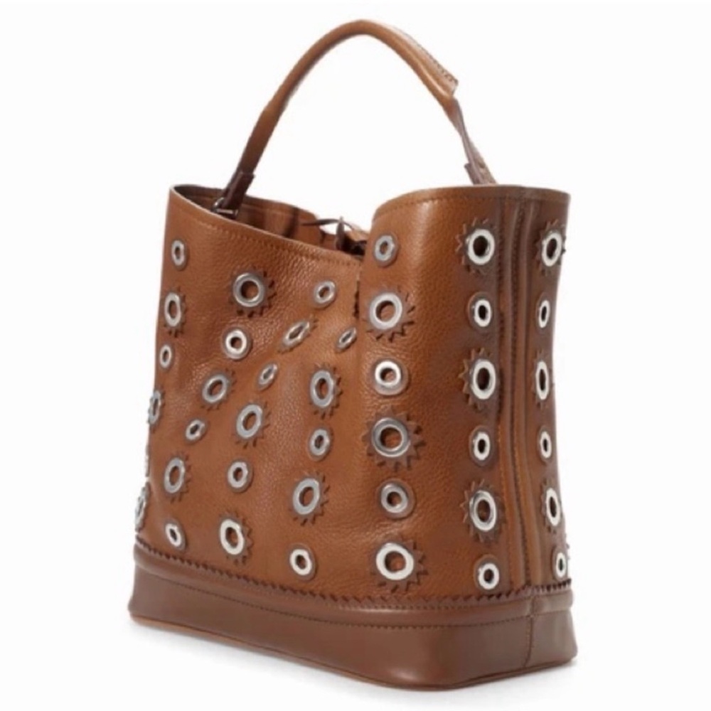 Zara Two Toned Brown Tan Silver Eyelet Accents Leather Bucket Bag Style Tote